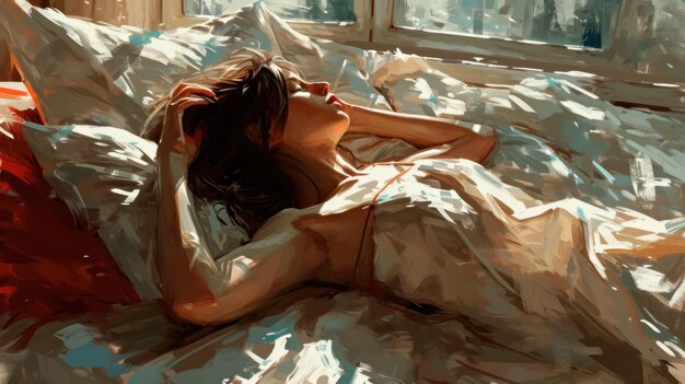 Photo young woman snooze on her bed digital painting generative ai