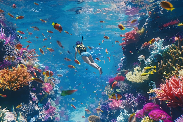 Young woman snorkeling among colorful fish and cor