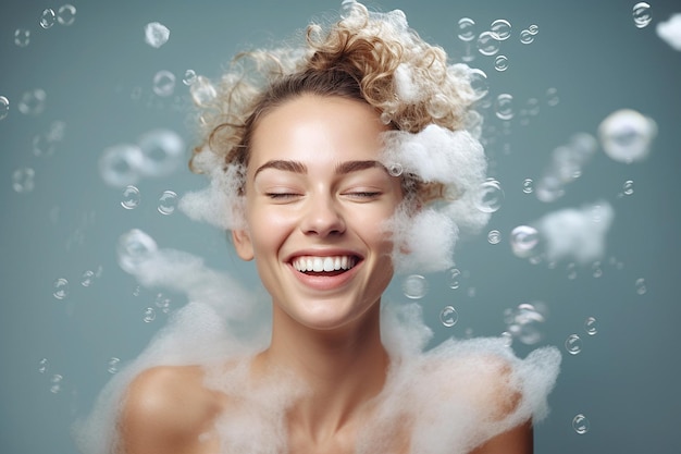 Young woman in soap foam with bubbles Taking bubble bath with foam hair and skin care using shampoo or gel Cosmetics and relax concept Personal hygiene skincare daily routine pastel background