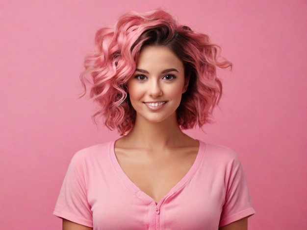 ソーシャルメディアの若い女性 ピンクの背景 10月のキャンペーン 乳がん予防 ハイパー写真