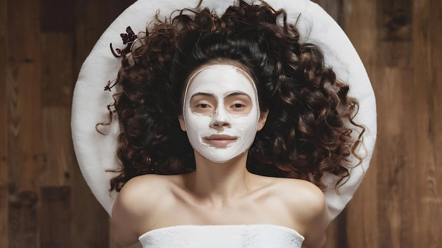 Young woman at spa salon with cosmetic mask on face high angle photo