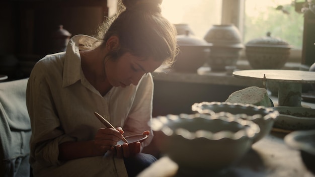 Young woman spending time in studio Closeup serious girl drawing on wet clay in workshop Portrait of beautiful ceramist making ornament on product in pottery