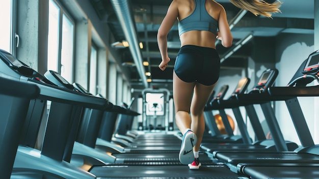 Photo a young woman in a sports bra and shorts runs on a treadmill in a gym she is focused and determined and her long blonde hair is flowing behind her