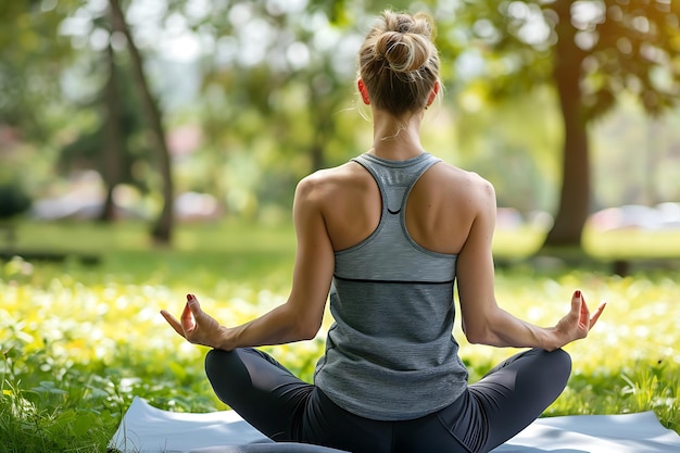 Young woman in sports wear doing yoga outdoors