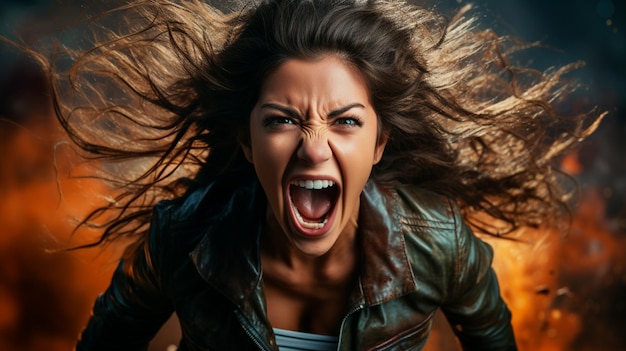 Photo young woman in sportswear screaming in front of the fire