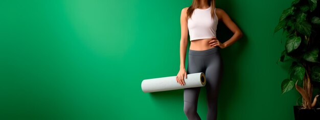 Young woman in sportswear and with yoga mat near green wall