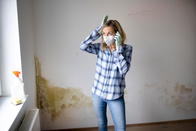 Young woman standing against wall