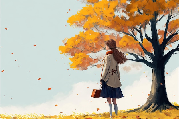 Young woman standing under the autumn tree looked at the man in the distance digital art style illustration painting fantasy concept of a woman under the autumn tree