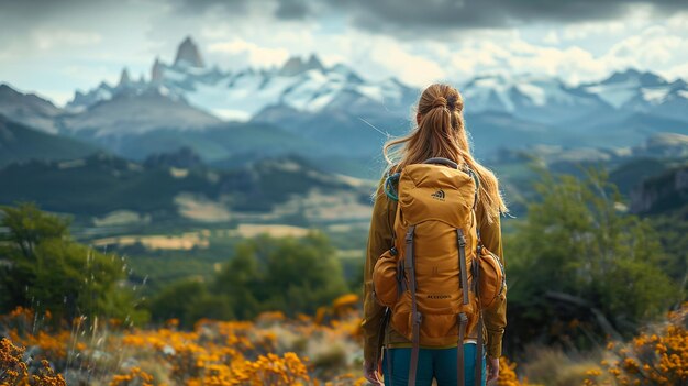 Young woman standing backwards looking at landscape with snowy peaks in Huayhuash Mountain Range Cordillera Blanca Huaraz Peru