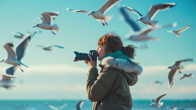 Photo a young woman standing on a beach takes a photo of a seagull in midflight the seagull is flying towards the camera with its wings spread wide
