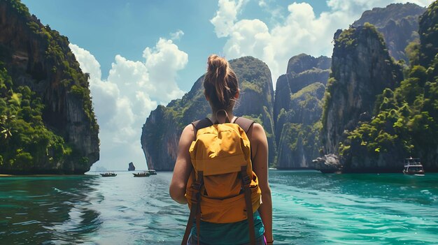 Photo young woman standing on a boat and looking at the beautiful landscape of limestone cliffs and boats on the sea in thailand