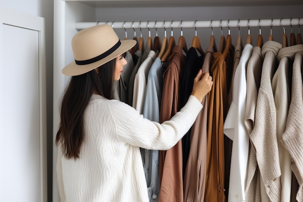 Photo young woman standing and choosing clothes from wardrobe