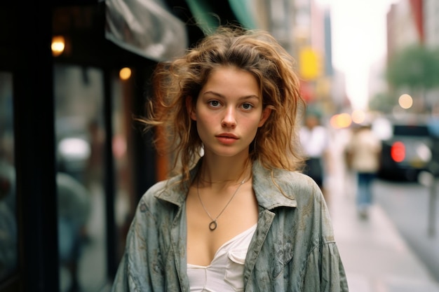 a young woman standing on a city street