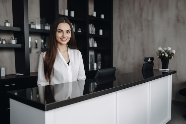 A young woman standing behind a counter in a hotel lobby