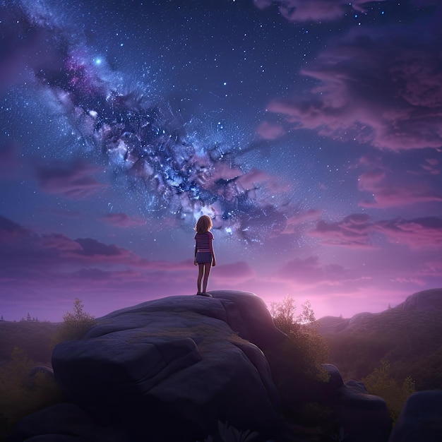 Young woman standing on the edge of a cliff and looking at the milky way