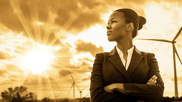 Foto una giovane donna in piedi in un campo di turbine eoliche sta guardando in lontananza sorridendo il sole sta tramontando dietro di lei