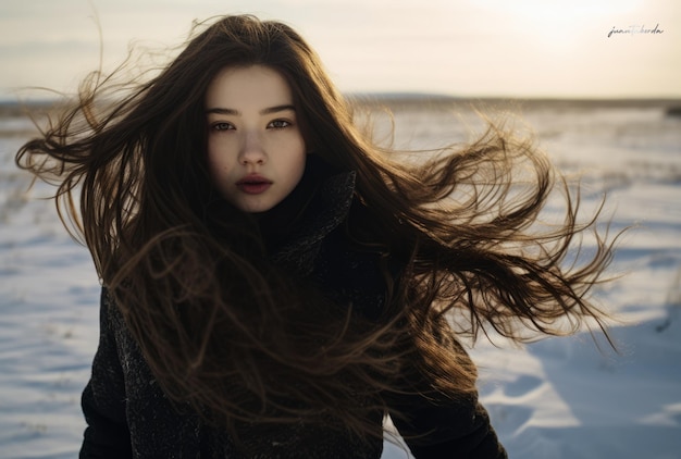 Young woman standing in the fields on a winter scene