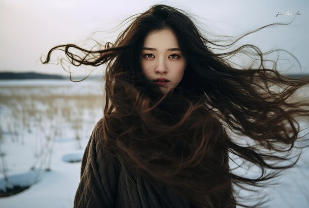 겨울 장면 에서  ⁇  에 서 있는 젊은 여자