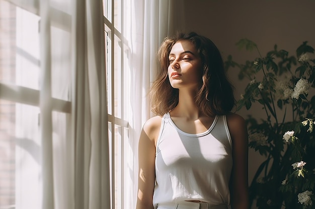 Young woman standing in front of the air conditioner and looking out the window