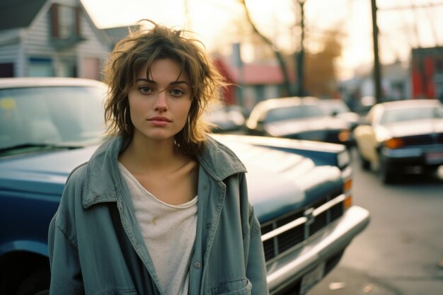 a young woman standing in front of a blue car