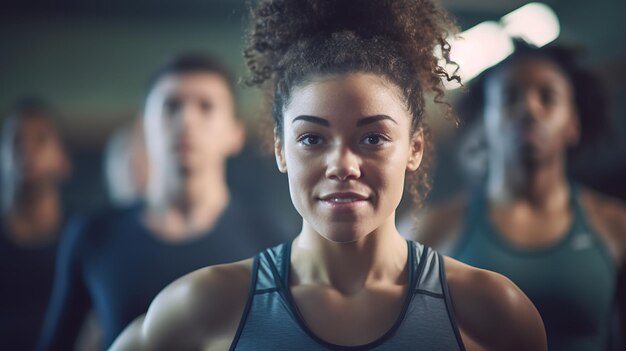 Photo young woman standing in front of group of people at gym indoors created with generative ai technology