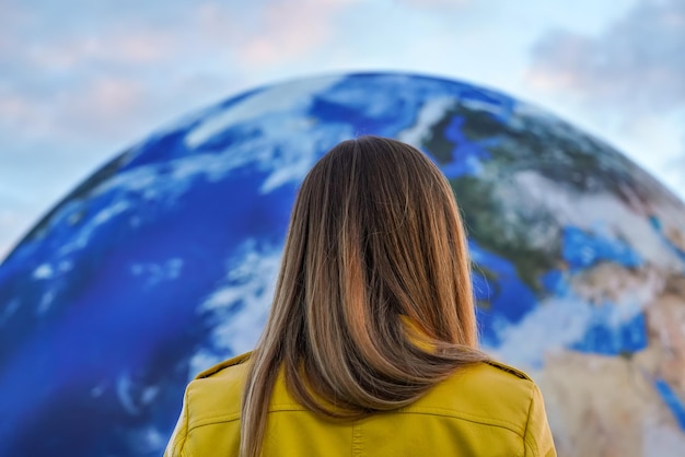 Young woman standing in front of large inflatable model of planet Earth, view form behind