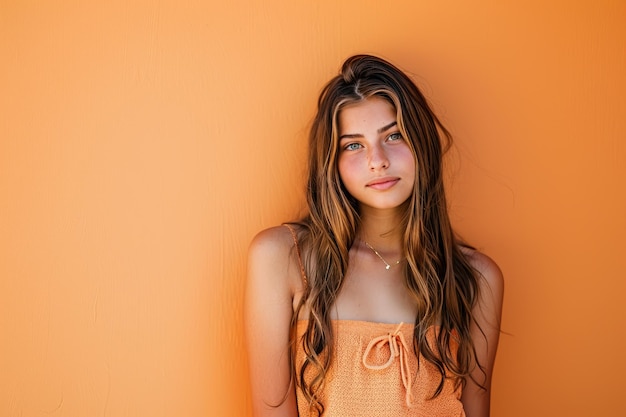 Young Woman Standing in Front of Orange Wall