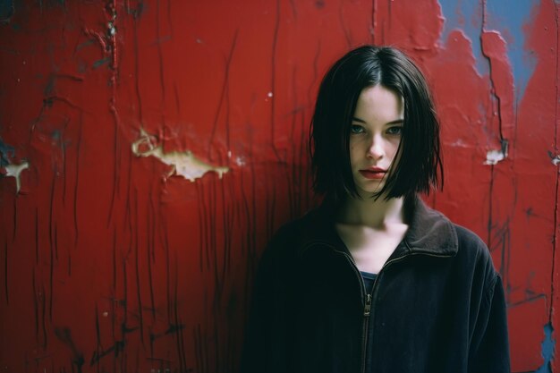 Photo a young woman standing in front of a red wall