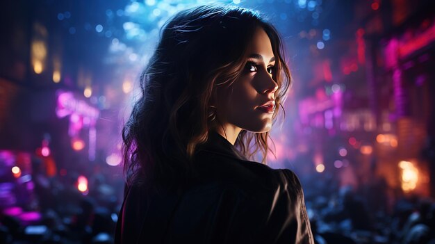 Photo young woman standing in a futuristic city portrait of young women with neon lights