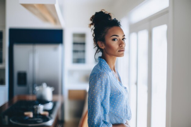 Photo young woman standing in her home kitchen