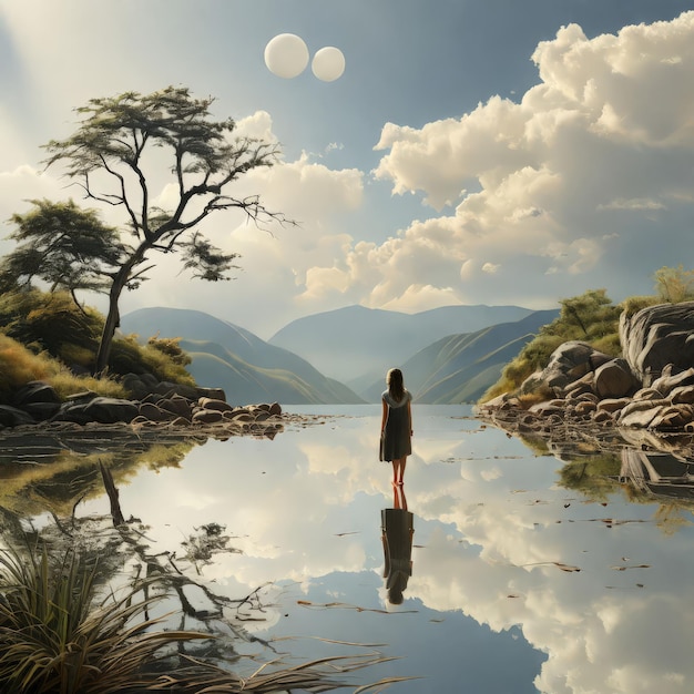 Foto giovane donna in piedi sul lago con le montagne e il cielo sullo sfondo