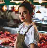 Photo young woman standing behind meat in the butcher shop