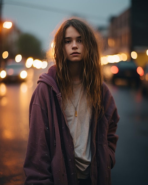 a young woman standing in the middle of a city street at night