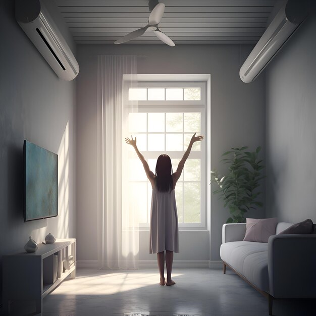 Young woman standing in modern living room interior with window and curtains Mock up 3D Rendering