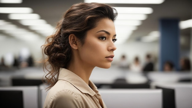 Young woman standing at office with blurred background