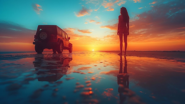 Фото Молодая женщина стоит на пляже и смотрит на закат на заднем плане.