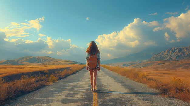 写真 道路に立って道路を見ている若い女性 芸術家