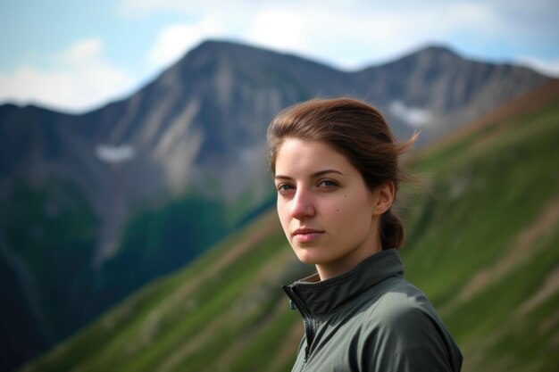 A young woman standing outdoors against mountains