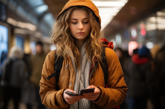 A young woman standing on the platform of a train station is consulting with a mobile phone