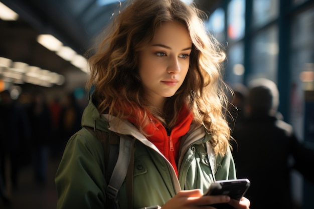 A young woman standing on the platform of a train station is consulting with a mobile phone