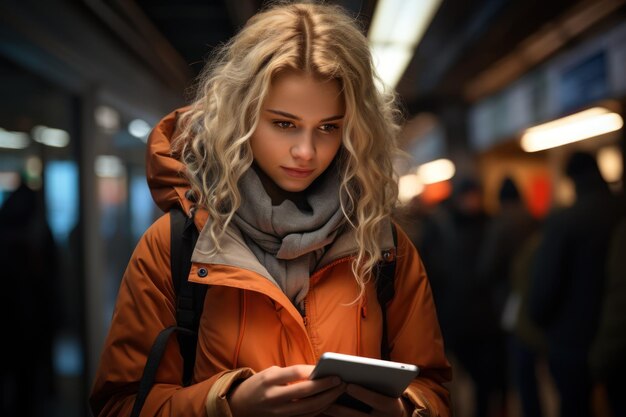 A young woman standing on the platform of a train station is consulting with a mobile phone