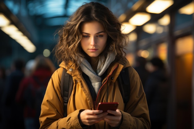 A young woman standing on the platform of a train station is consulting with a mobile phone