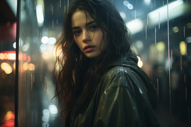 夜、雨の中で立っている若い女性