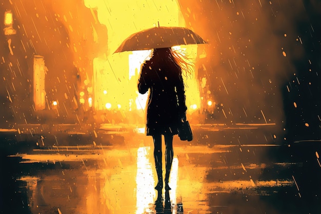 Young woman standing on rain with umbrella Generative AI graphic