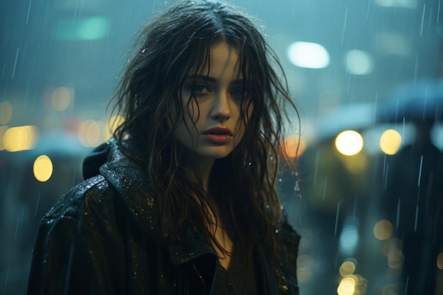 a young woman standing in the rain with an umbrella