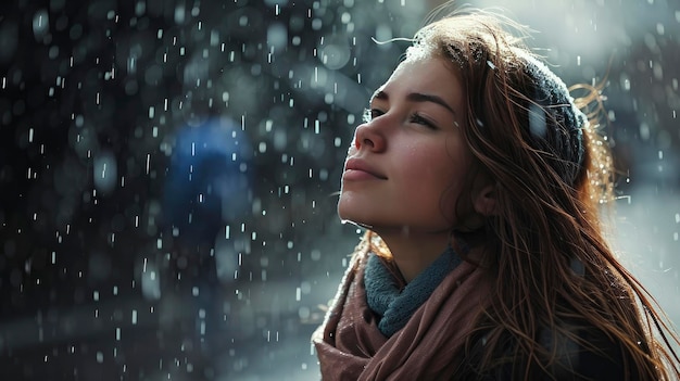 雨の中で立っている若い女性