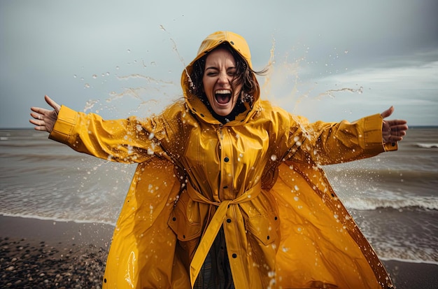 young woman standing in raincoat against stormy waves in the style of comical choreography