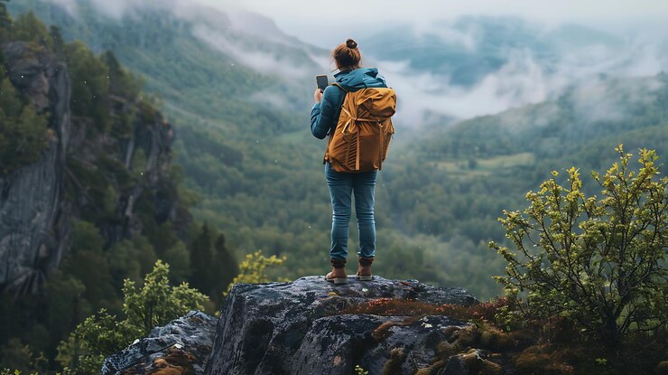 Photo young woman standing on a rock in the mountains and looking at the view she is wearing a backpack and holding a smartphone