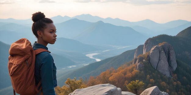 Photo a young woman standing on a rocky cliff overlooking a mountainous landscape