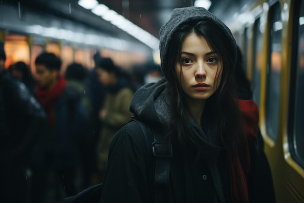 Premium AI Image | a young woman standing in a subway station